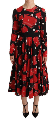 Black Sicily Bag Print Flared Midi Dress Dolce & Gabbana