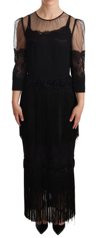 Black Sheer Floral Lace Crystal Maxi Dress Dolce & Gabbana