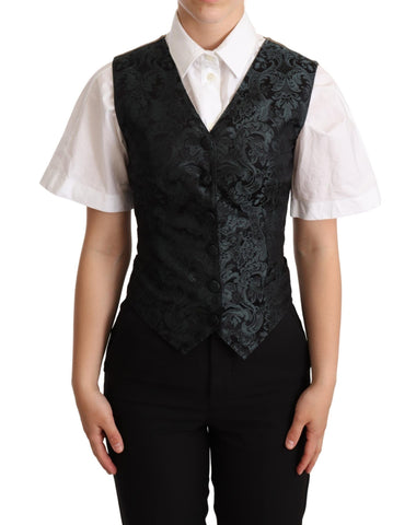 Black Jacquard Floral Waistcoat Vest Green Dolce & Gabbana