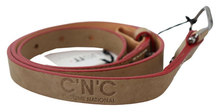 Beige Leather Silver Logo Buckle Waist Belt Costume National