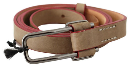 Beige Leather Silver Logo Buckle Waist Belt Costume National