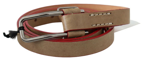 Beige Leather Silver Logo Buckle Waist Belt Costume National