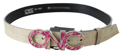 Beige Leather Pink Letter Logo Buckle Belt Costume National