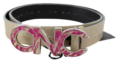 Beige Leather Pink Letter Logo Buckle Belt Costume National