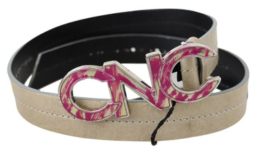 Beige Leather Pink Letter Logo Buckle Belt Costume National