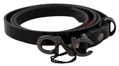 Black Skinny Leather Logo Buckle Belt Costume National