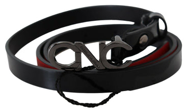Black Skinny Leather Logo Buckle Belt Costume National