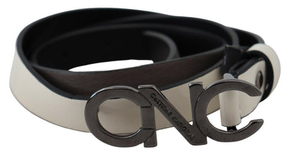 White Black Leather Letter Logo Buckle Belt Costume National