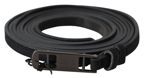 Black Leather Skinny Logo Buckle Belt Costume National