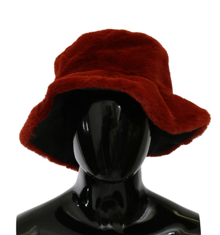 Red Bordeaux Fur Wide Brim Bucket  Hat Dolce & Gabbana