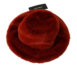 Red Bordeaux Fur Wide Brim Bucket  Hat Dolce & Gabbana