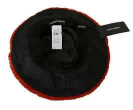 Red Bordeaux Fur Wide Brim Bucket  Hat Dolce & Gabbana
