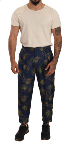 Blue Peacock Print Tapered Trousers Silk Pants Dolce & Gabbana