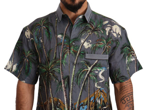 Gray Linen Tropical Print Collared Shirt Dolce & Gabbana