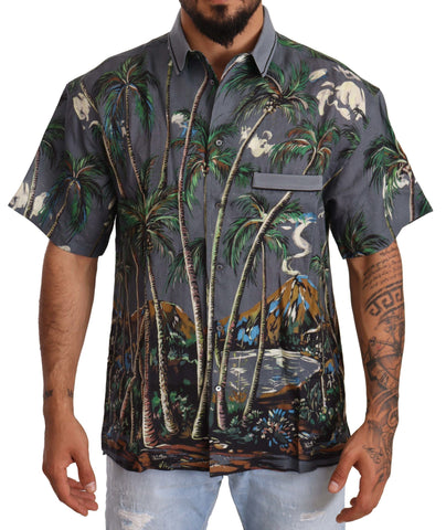 Gray Linen Tropical Print Collared Shirt Dolce & Gabbana
