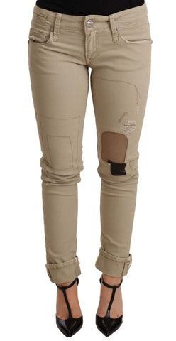 Beige Denim Cotton Bottom Slim Fit Folded Pant Acht
