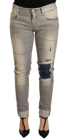 Gray Cotton Slim Fit Folded Hem Women Denim Pant Acht