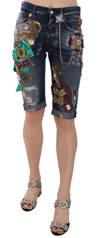 Blue Denim Mid Waist Crystal Capri Shorts Dolce & Gabbana
