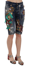 Blue Denim Mid Waist Crystal Capri Shorts Dolce & Gabbana