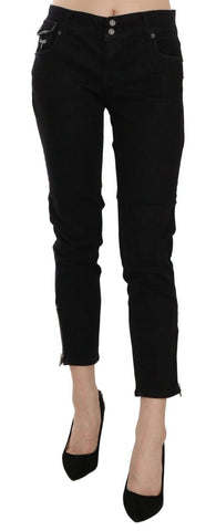 Black Mid Waist Cropped Cut Hem Denim Casual Pants John Galliano