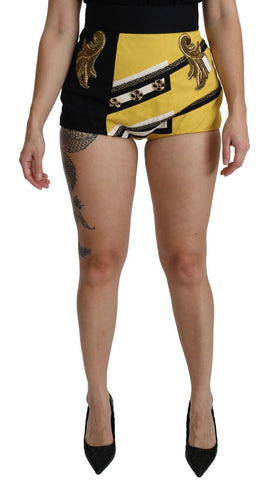 Yellow Black Cotton Jewelled Hot Pants Shorts Dolce & Gabbana