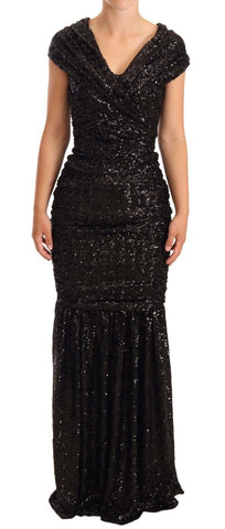 Black Sequined Open Shoulder Long Gown Dress Dolce & Gabbana