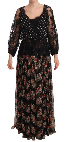 Black Lace Floral Polka Maxi Capri Dress Dolce & Gabbana