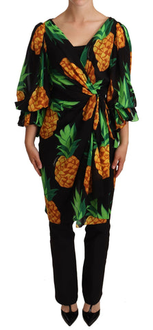 Black Ananas Print Wrap Stretch Silk Dress Dolce & Gabbana