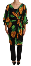 Black Ananas Print Wrap Stretch Silk Dress Dolce & Gabbana