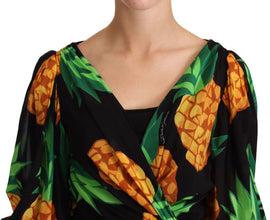 Black Ananas Print Wrap Stretch Silk Dress Dolce & Gabbana