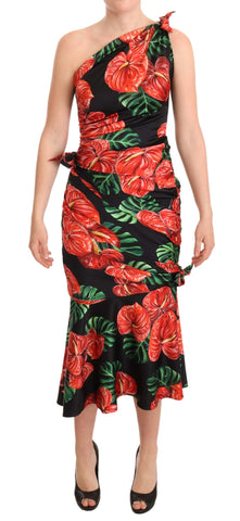 Black Shiny Silk Floral Print Draped Dress Dolce & Gabbana