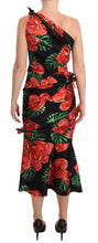 Black Shiny Silk Floral Print Draped Dress Dolce & Gabbana