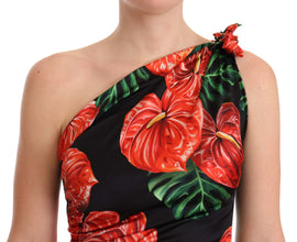 Black Shiny Silk Floral Print Draped Dress Dolce & Gabbana