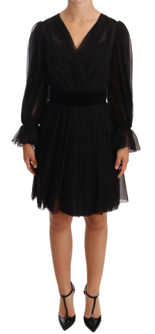 Black Mesh Pleated Mini Silk Stretch Dress Dolce & Gabbana
