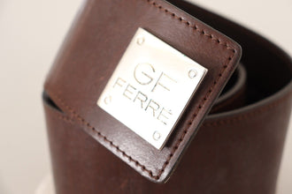 Brown Genuine Leather Wide Logo Buckle Waist Belt GF Ferre