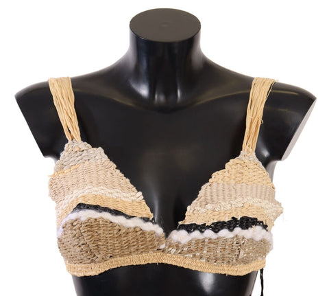 Beige Straw Raffia Woven Crochet Cover Up Top Dolce & Gabbana