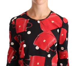Black Sicily Bag Print Silk Stretch Top Blouse Dolce & Gabbana