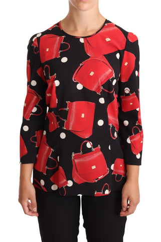 Black Sicily Bag Print Silk Stretch Top Blouse Dolce & Gabbana