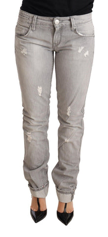 Gray Tattered Cotton Slim Fit Folded Hem Women Denim Jeans Acht