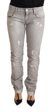 Gray Tattered Cotton Slim Fit Folded Hem Women Denim Jeans Acht