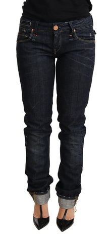 Dark Blue Cotton Slim Fit Folded Hem Women Denim Trouser Jeans Acht