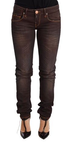 Brown Washed Cotton Slim Fit Denim Low Waist Trouser Jeans Acht