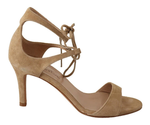 Beige Suede Leather Ankle Strap Pumps Shoes Maria Christina