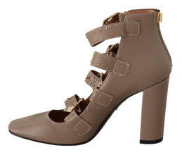 Brown Leather Block Heels Multi Buckle Pumps Shoes MY TWIN
