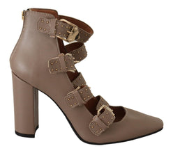 Brown Leather Block Heels Multi Buckle Pumps Shoes MY TWIN
