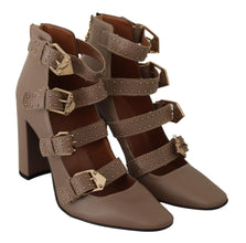 Brown Leather Block Heels Multi Buckle Pumps Shoes MY TWIN