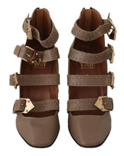 Brown Leather Block Heels Multi Buckle Pumps Shoes MY TWIN