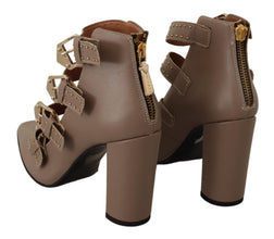 Brown Leather Block Heels Multi Buckle Pumps Shoes MY TWIN