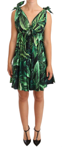 Green Leaves Print Cotton Flared Mini Dress Dolce & Gabbana