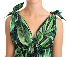 Green Leaves Print Cotton Flared Mini Dress Dolce & Gabbana
